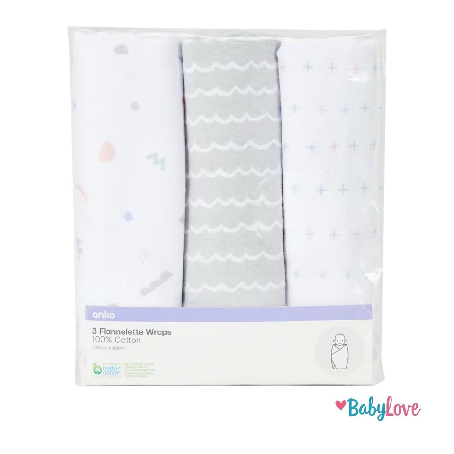 3 Pack Flannelette Cotton Wraps - Squiggle