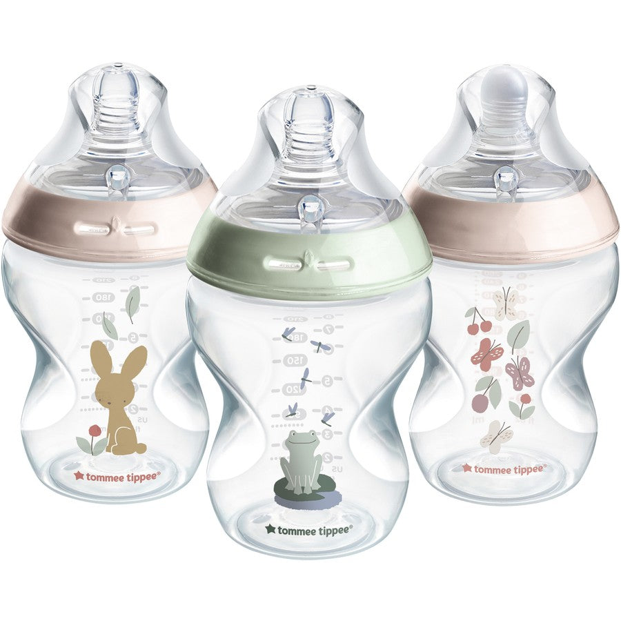 Tommee Tippee Baby Bottles, Natural Start Anti-Colic Baby Bottle with Slow Flow Breast-Like Teat 260ml 0m+ Self-Sterilising Decorated 3 Pack