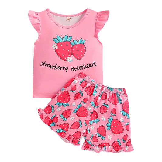 2-Piece Summer Outfits for Girls - Strawberry Print Frill Sleeve Top with Crew Neck and Color Block Details - Full Print Shorts Set with Medium Stretch Fabric and No Padding - Holiday Casual Wear for Going Out 1-2Y