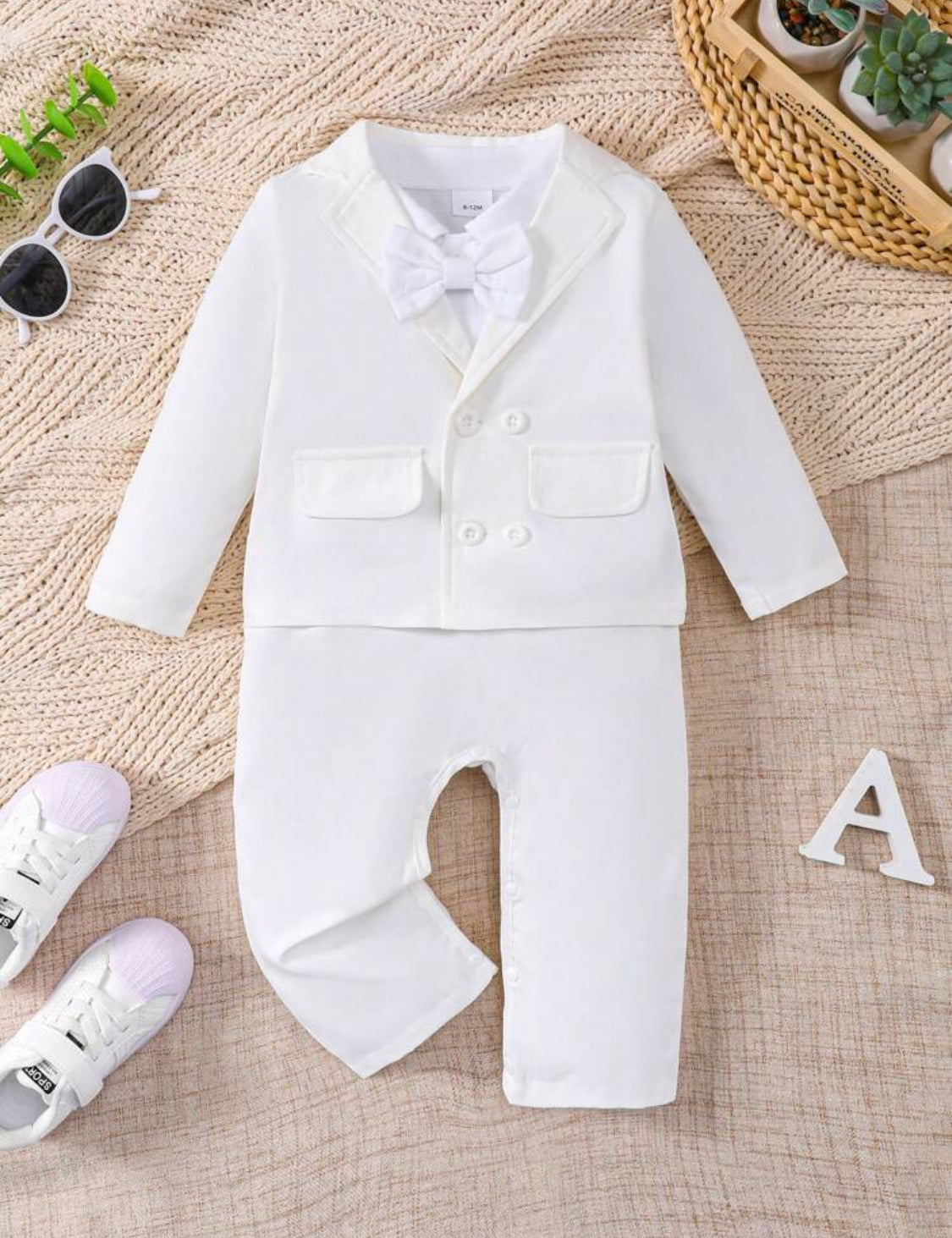 3pcs Baby Boy Christening Outfit: Collar Long Sleeve Jumpsuit, Long Sleeve Jacket, Bow Tie