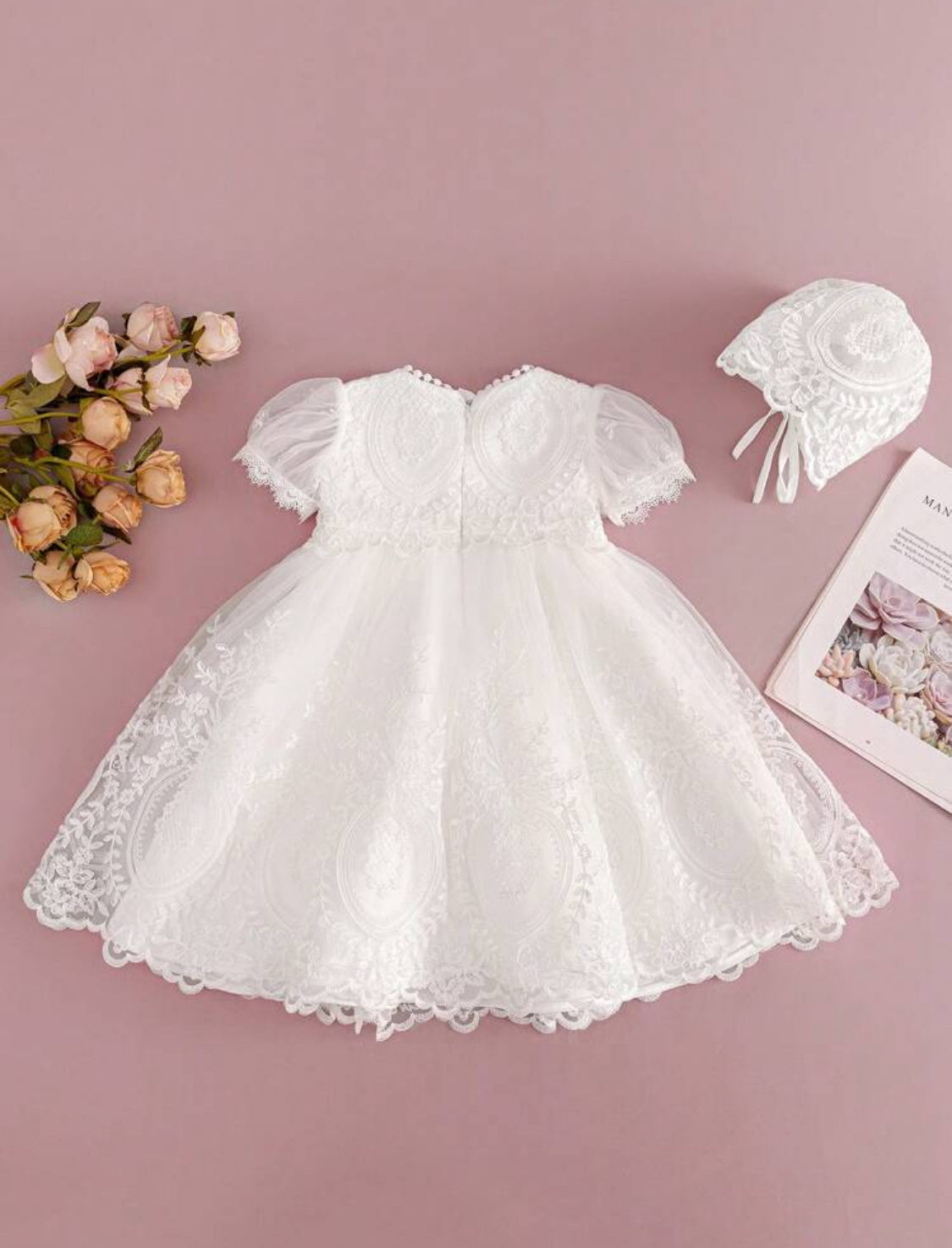 Baby Girl Premium Embroidered Christening Dress White Mesh Gown