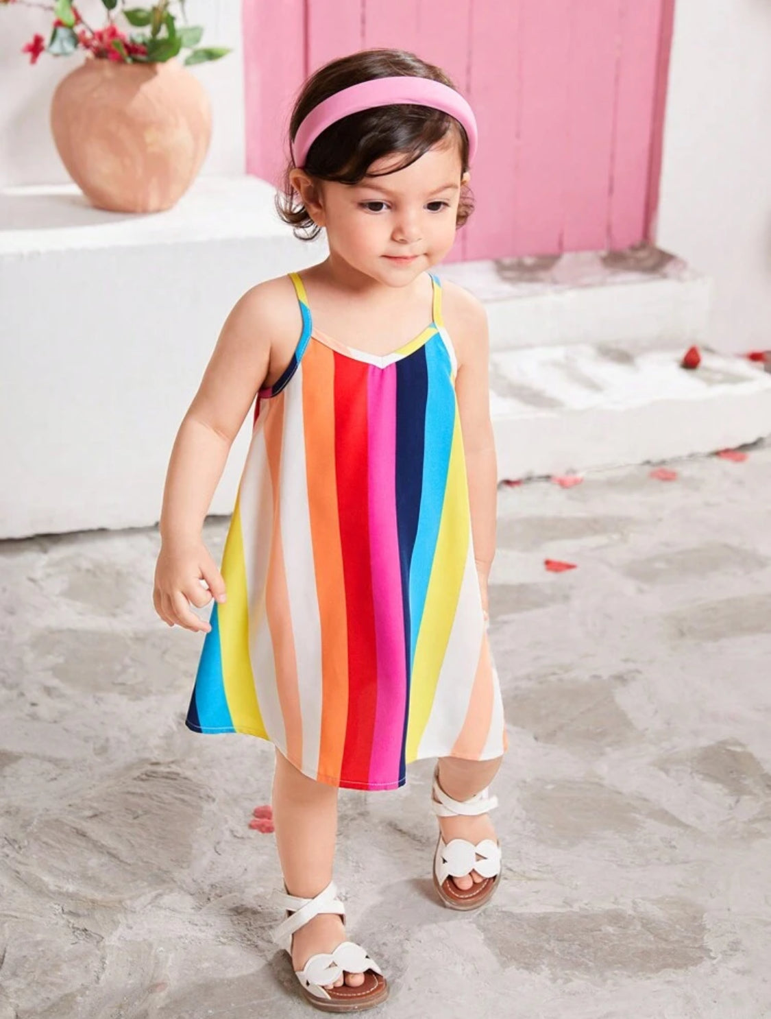 SHEIN Summer Holiday Baby Girl's Loose Fit Striped Print Spaghetti Strap Dress