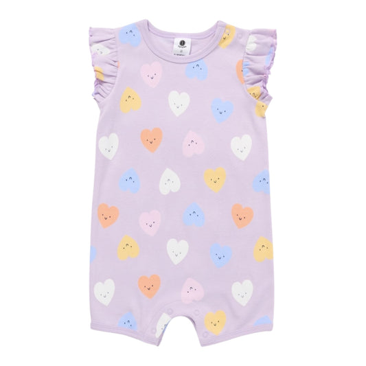 Dymples Baby Love Heart Print Frill Sleeve Romper - Purple