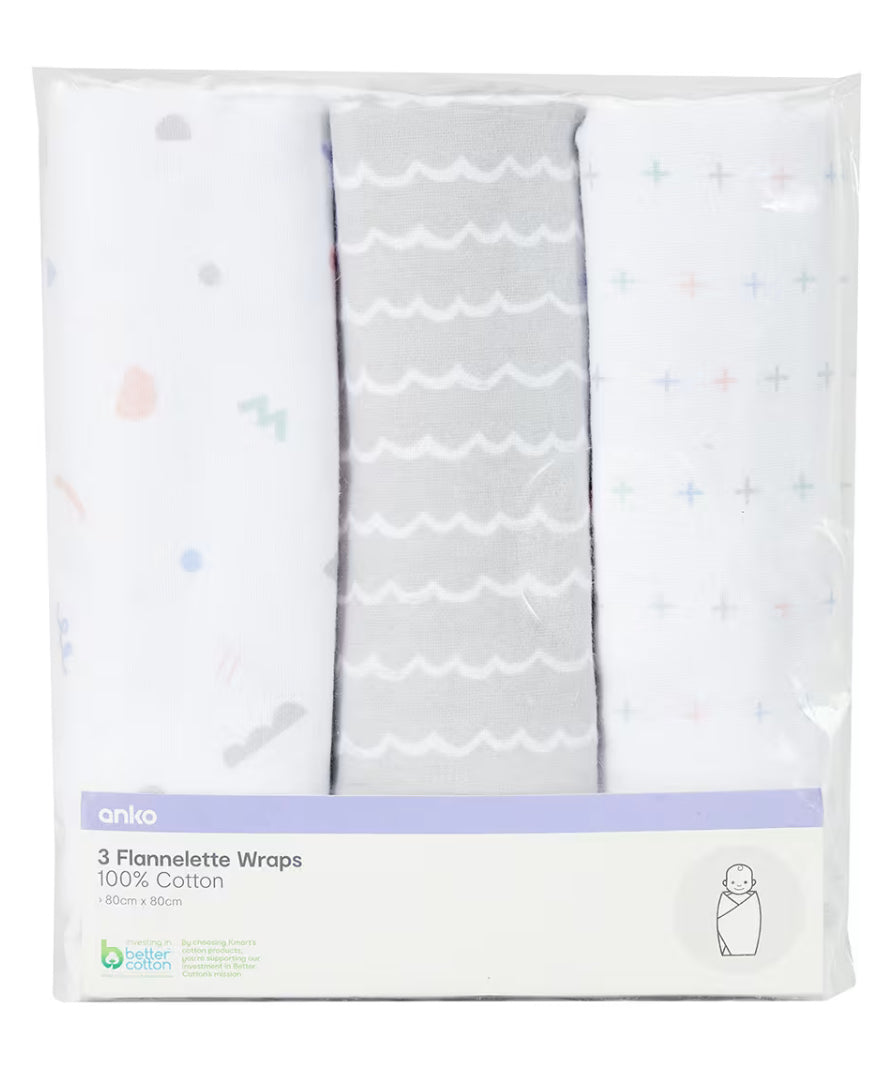 3 Pack Flannelette Cotton Wraps - Squiggle