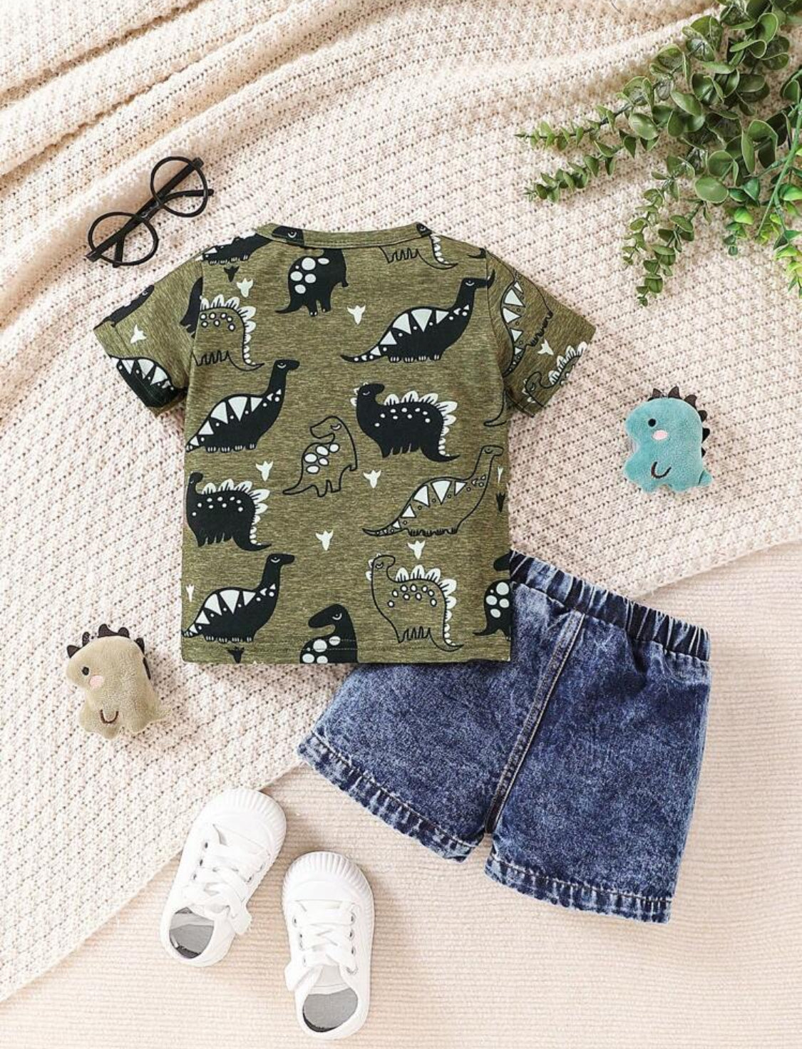 2pcs Baby Boy Summer Dinosaur Print Crew Neck T-Shirt And Denim Shorts Set