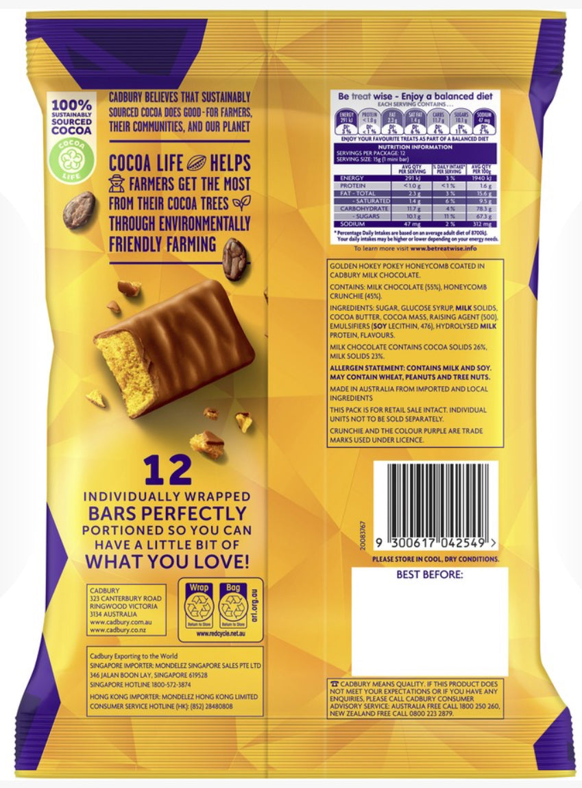 Cadbury Crunchie Chocolate Sharepack 12 Pieces 180g