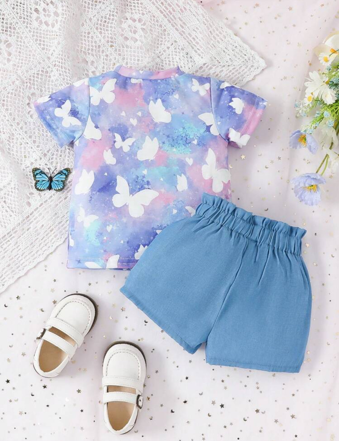 SHEIN Baby Girl Butterfly Print Tee & Paperbag Waist Shorts