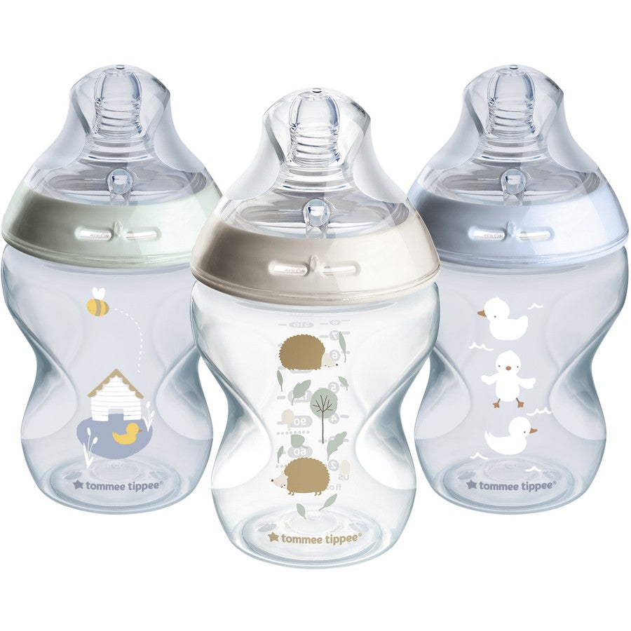 Tommee Tippee Baby Bottles, Natural Start Anti-Colic Baby Bottle with Slow Flow Breast-Like Teat 260ml 0m+ Self-Sterilising Decorated 3 Pack