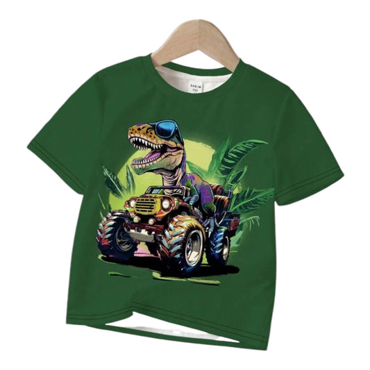 SHEIN Dinosaur Print, Casual Cartoon Dinosaur Pattern Round Neck Loose Short Sleeve T-Shirt For Baby Boy, Summer