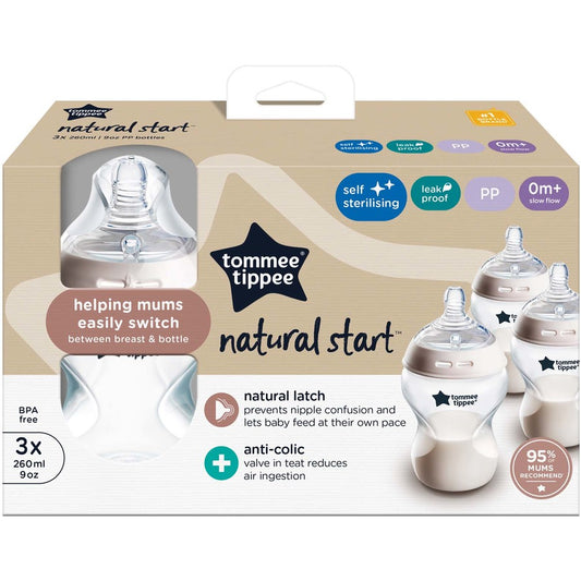 Tommee Tippee Baby Bottles, Natural Start Anti-Colic Baby Bottle with Slow Flow Breast-Like Teat 260ml 0m+ Self-Sterilising Decorated 3 Pack