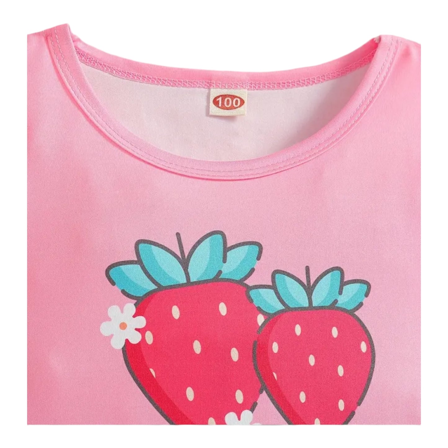 2-Piece Summer Outfits for Girls - Strawberry Print Frill Sleeve Top with Crew Neck and Color Block Details - Full Print Shorts Set with Medium Stretch Fabric and No Padding - Holiday Casual Wear for Going Out 1-2Y