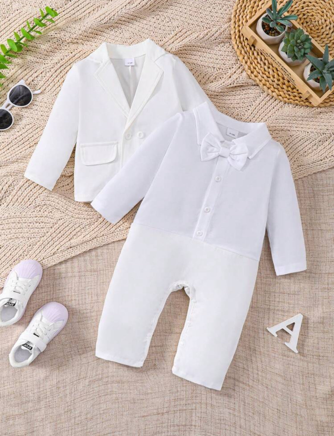 3pcs Baby Boy Christening Outfit: Collar Long Sleeve Jumpsuit, Long Sleeve Jacket, Bow Tie