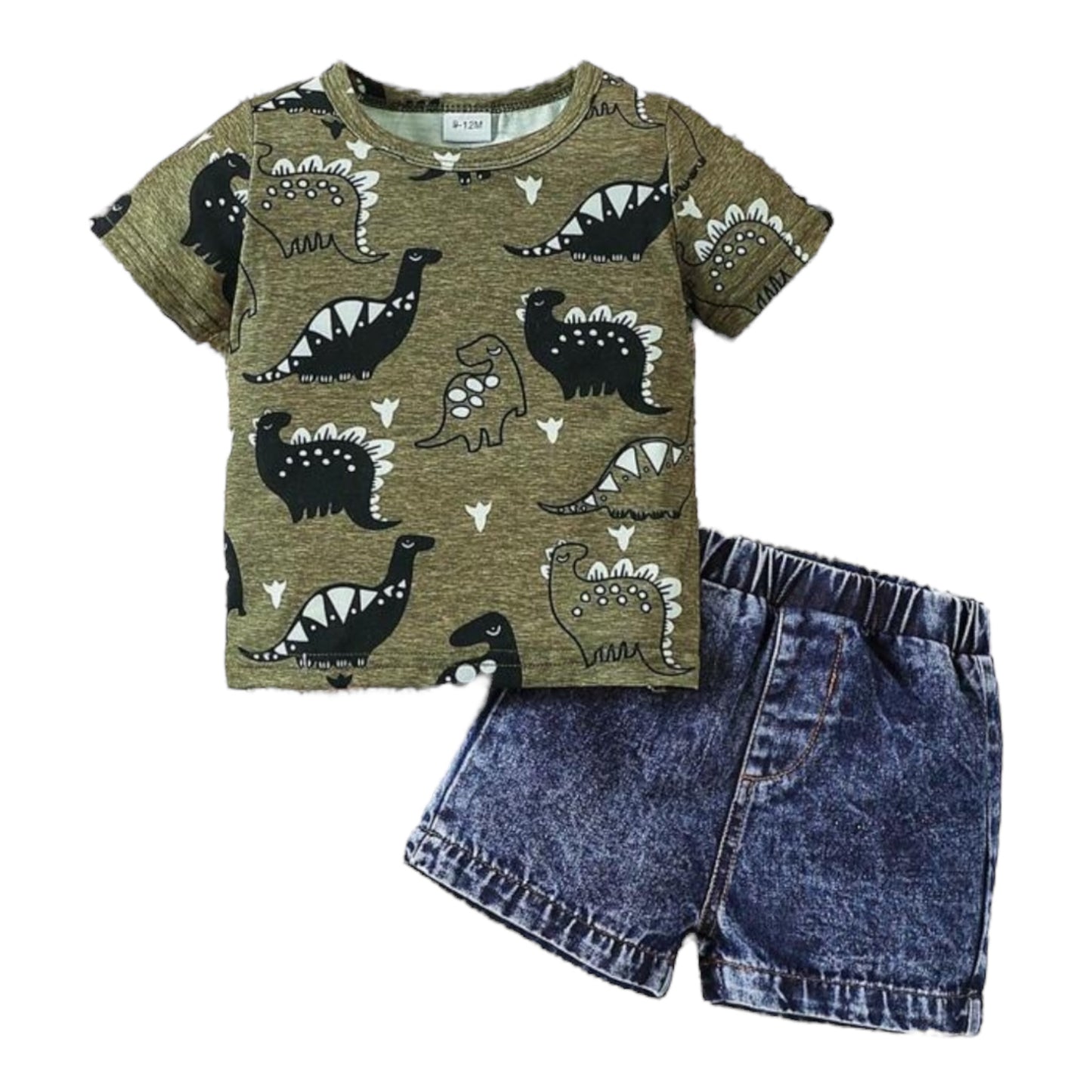 2pcs Baby Boy Summer Dinosaur Print Crew Neck T-Shirt And Denim Shorts Set