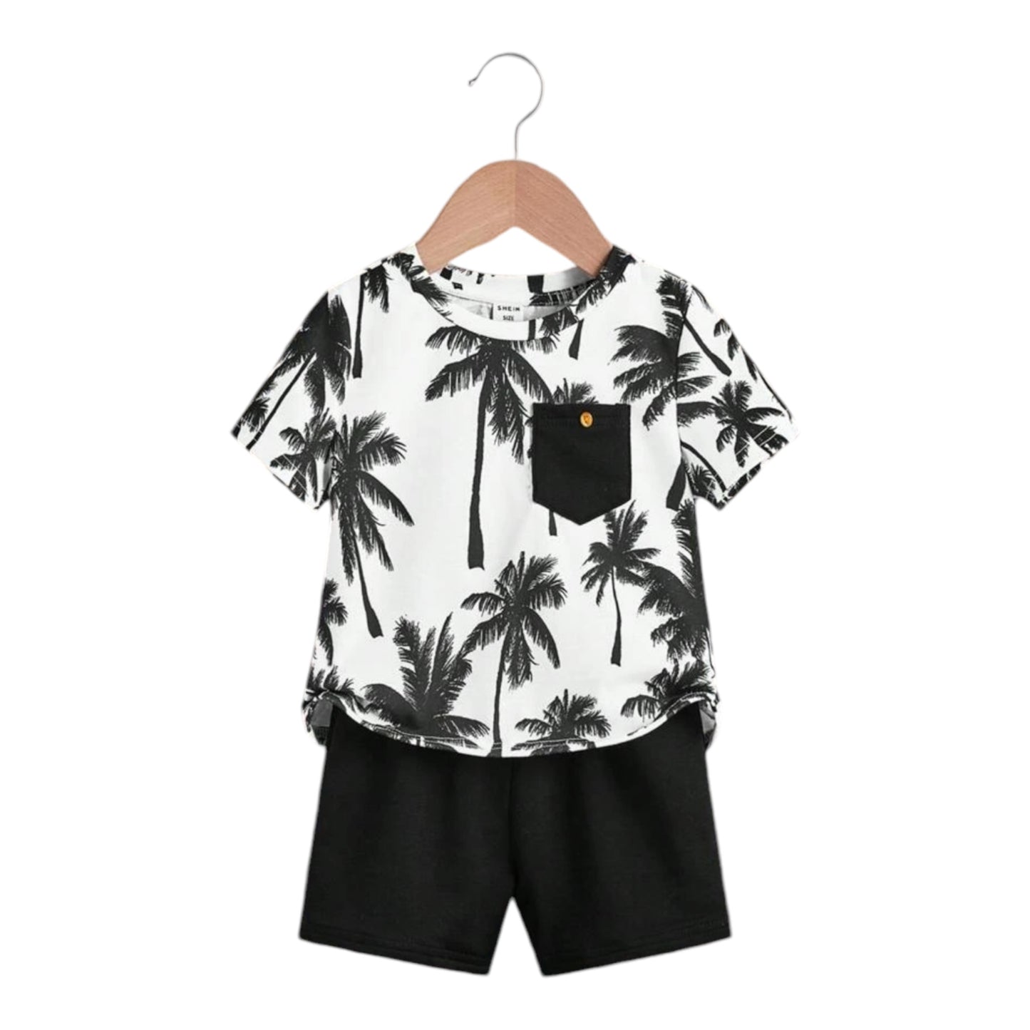 SHEIN Baby Boy Coconut Tree Print Patched Pocket Tee & Shorts