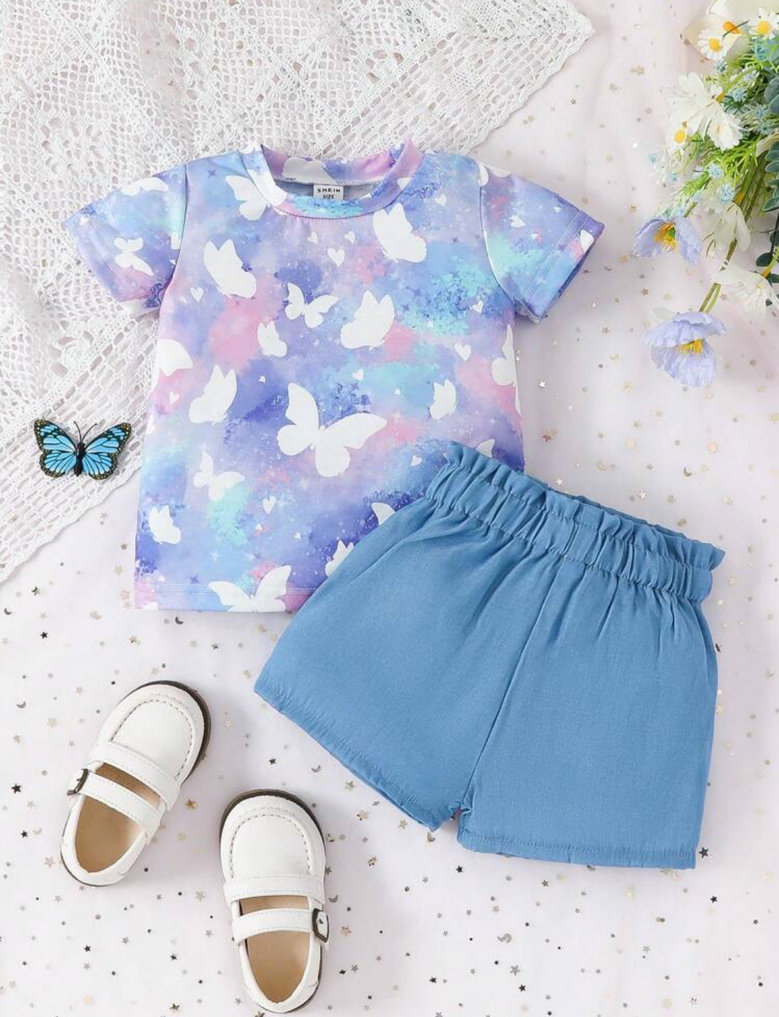 SHEIN Baby Girl Butterfly Print Tee & Paperbag Waist Shorts