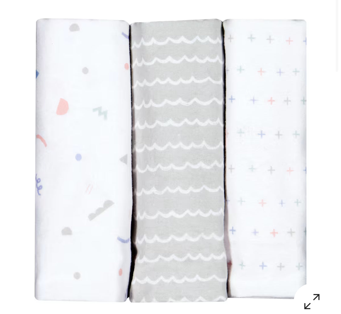 3 Pack Flannelette Cotton Wraps - Squiggle