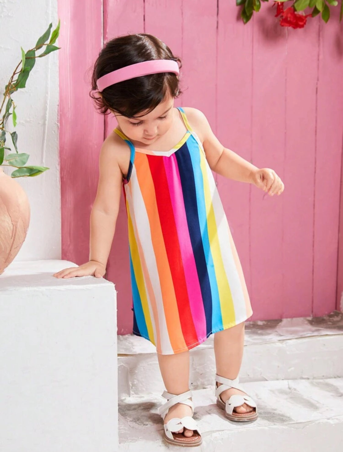 SHEIN Summer Holiday Baby Girl's Loose Fit Striped Print Spaghetti Strap Dress