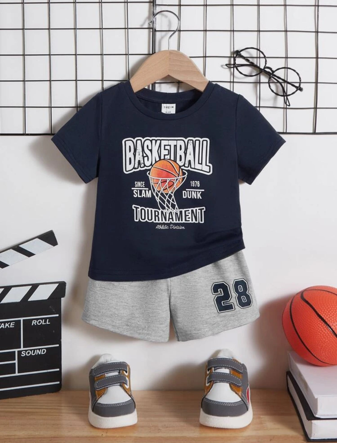 SHEIN Baby Boy Basketball & Letter Graphic Tee & Shorts