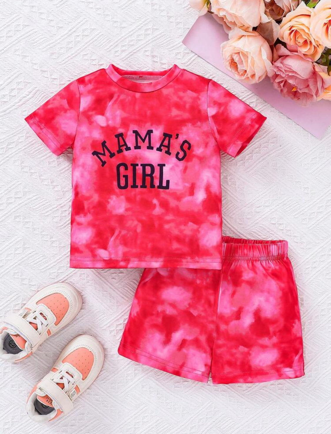 Cute And Stylish Tie-Dye Letter T-Shirt And Shorts Set For Baby Girls