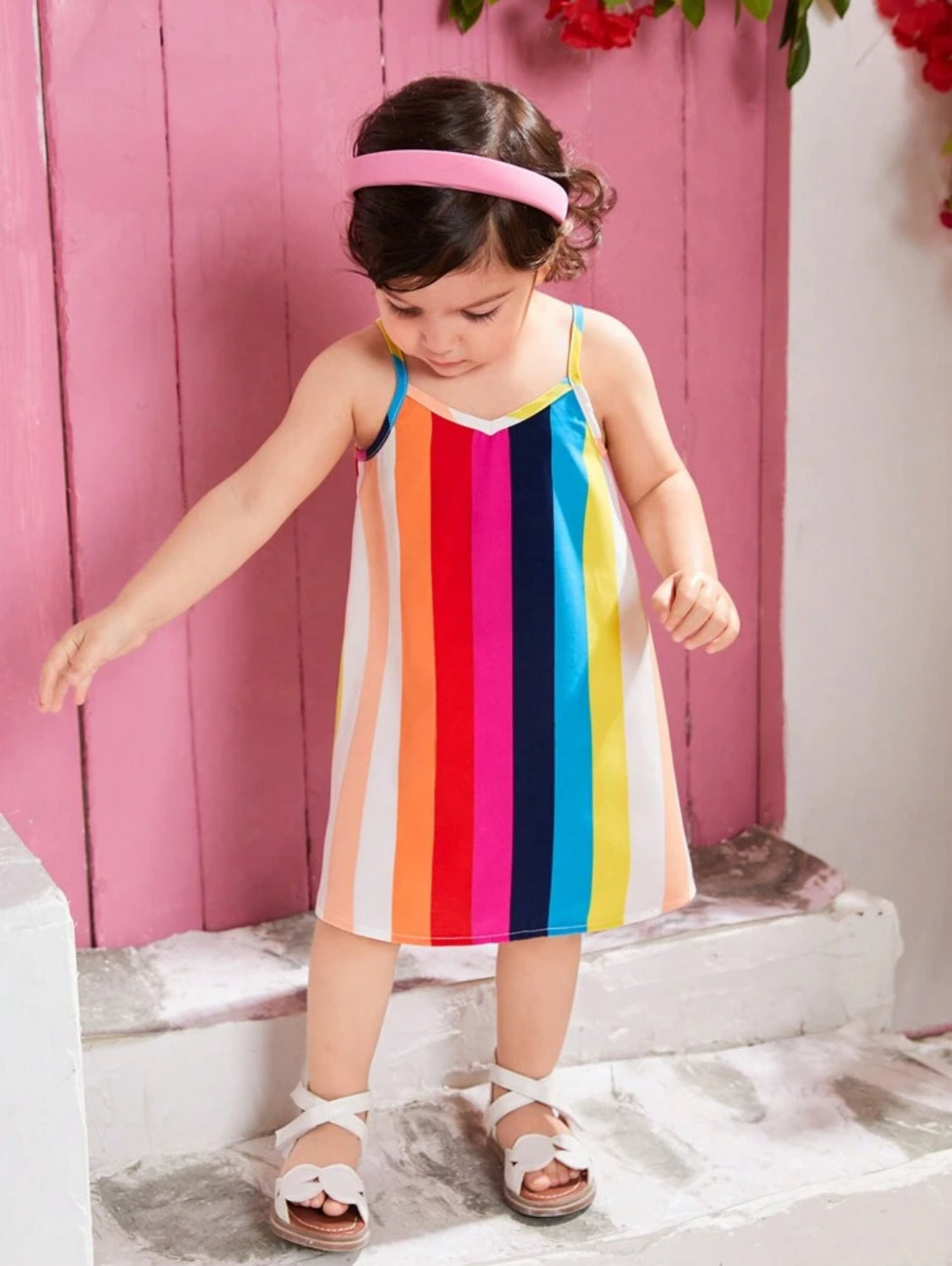 SHEIN Summer Holiday Baby Girl's Loose Fit Striped Print Spaghetti Strap Dress