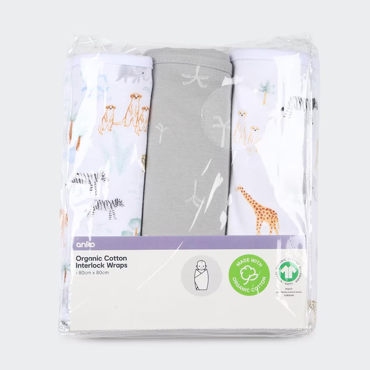 3 Pack Organic Cotton Interlock Wraps - Safari