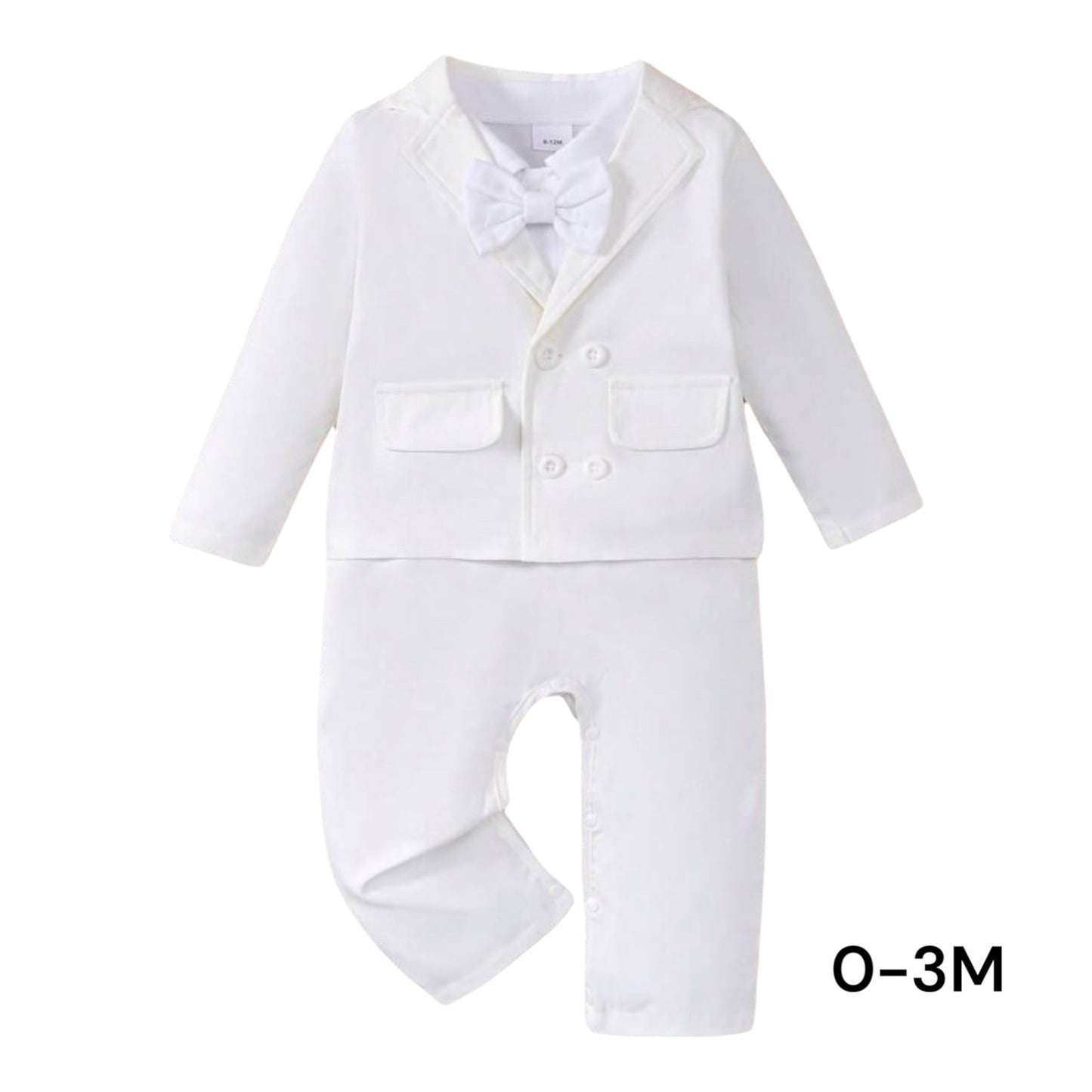 3pcs Baby Boy Christening Outfit: Collar Long Sleeve Jumpsuit, Long Sleeve Jacket, Bow Tie