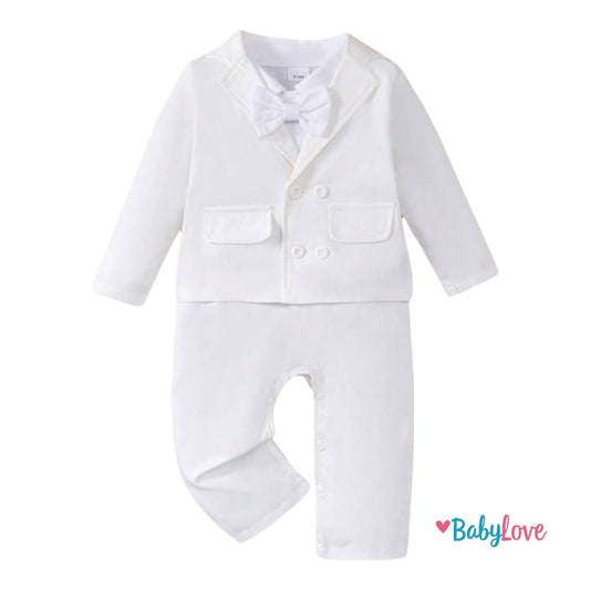 3pcs Baby Boy Christening Outfit: Collar Long Sleeve Jumpsuit, Long Sleeve Jacket, Bow Tie