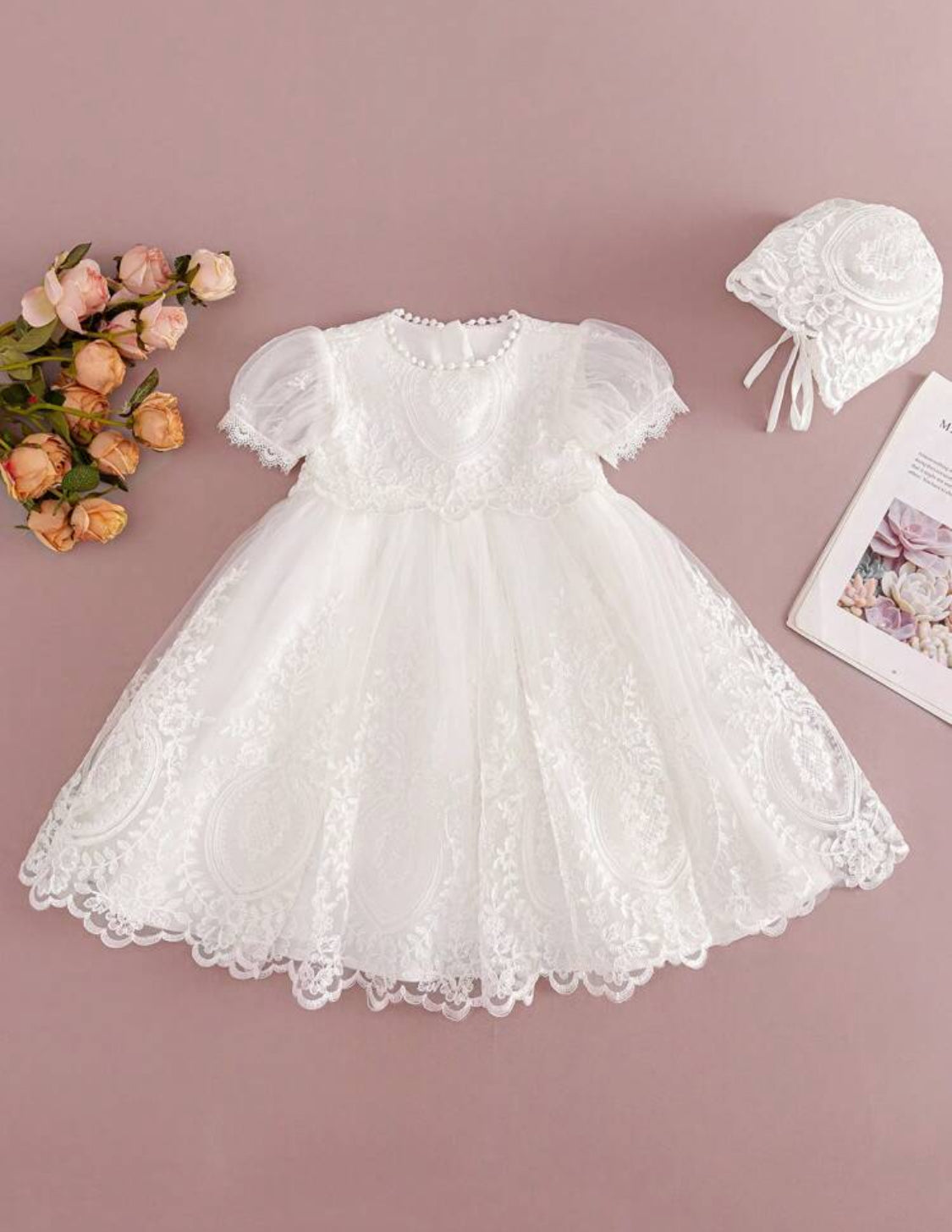 Baby Girl Premium Embroidered Christening Dress White Mesh Gown