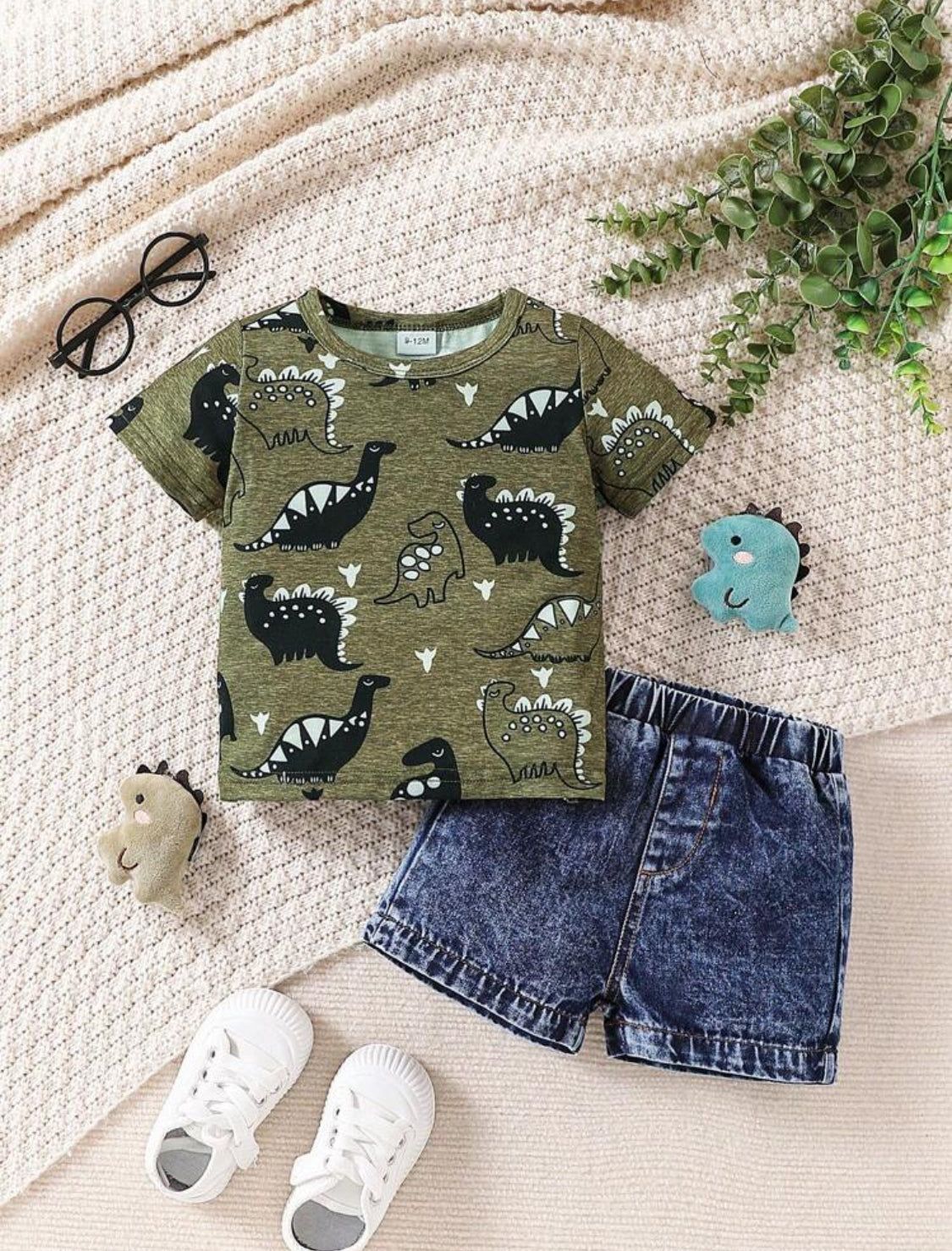 2pcs Baby Boy Summer Dinosaur Print Crew Neck T-Shirt And Denim Shorts Set