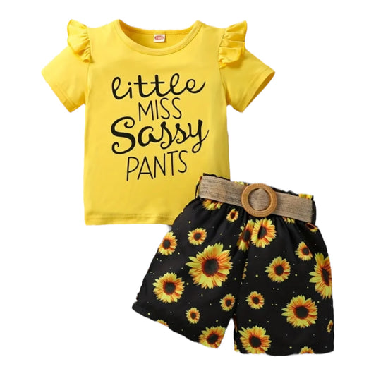 2pcs Toddler Girls Letter "LITTLE MISS SASSY" Graphic Ruffle Trim T-Shirts Casual Round Neck Tees Top & Sunflower Graphic Belted Shorts Set Kids Summer Clothes