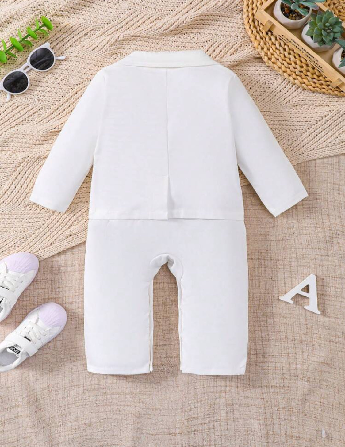 3pcs Baby Boy Christening Outfit: Collar Long Sleeve Jumpsuit, Long Sleeve Jacket, Bow Tie