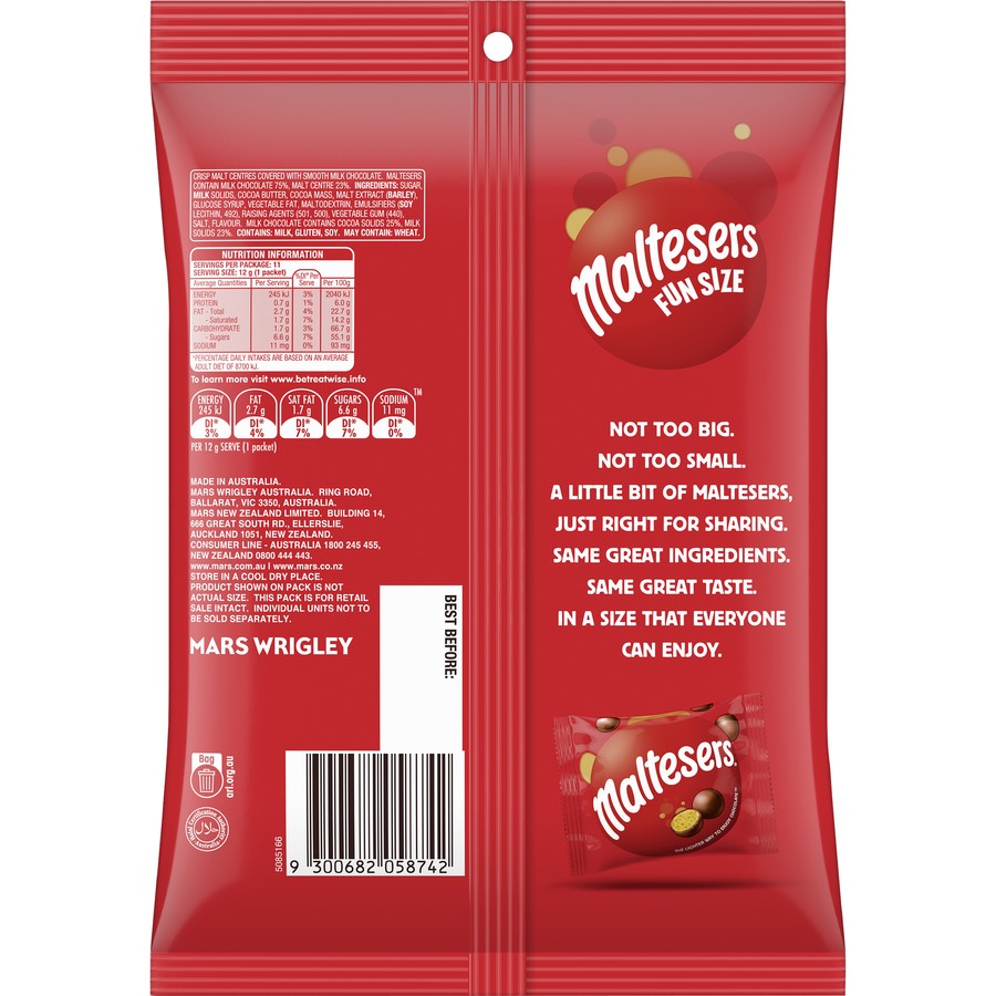 Maltesers Milk Chocolate Snack & Share Bag 11 Pieces 132g