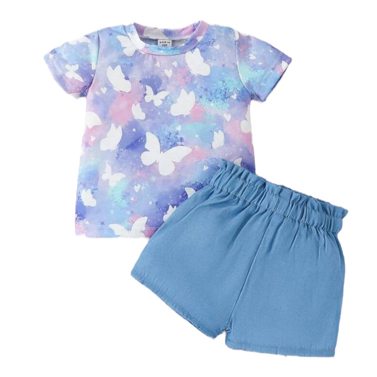 SHEIN Baby Girl Butterfly Print Tee & Paperbag Waist Shorts