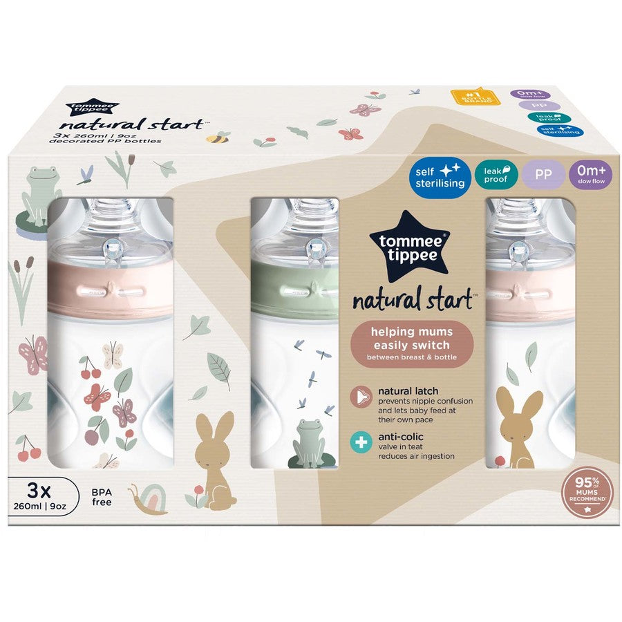 Tommee Tippee Baby Bottles, Natural Start Anti-Colic Baby Bottle with Slow Flow Breast-Like Teat 260ml 0m+ Self-Sterilising Decorated 3 Pack