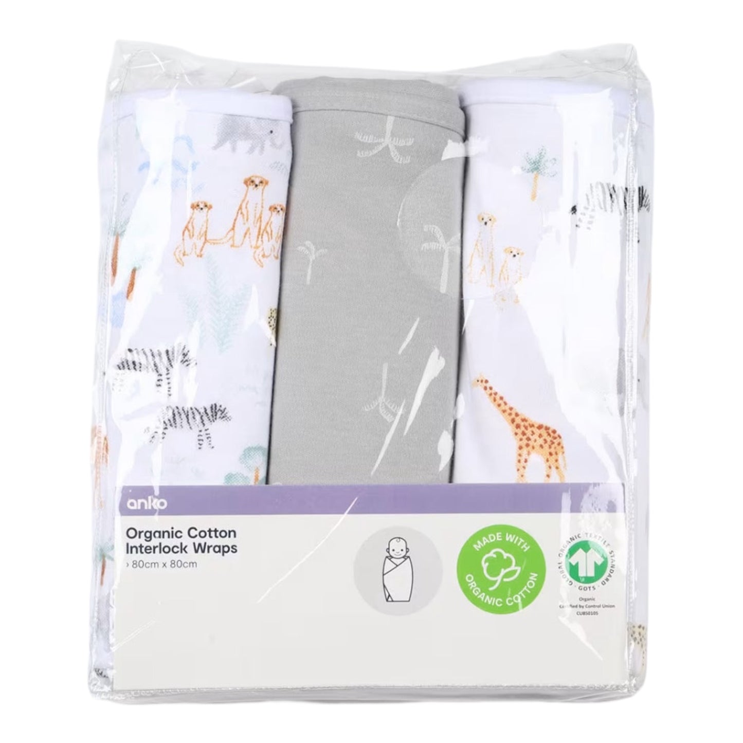 3 Pack Organic Cotton Interlock Wraps - Safari