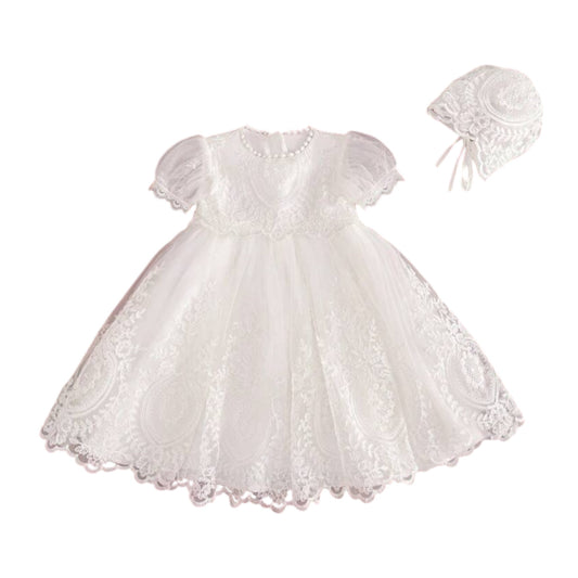 Baby Girl Premium Embroidered Christening Dress White Mesh Gown