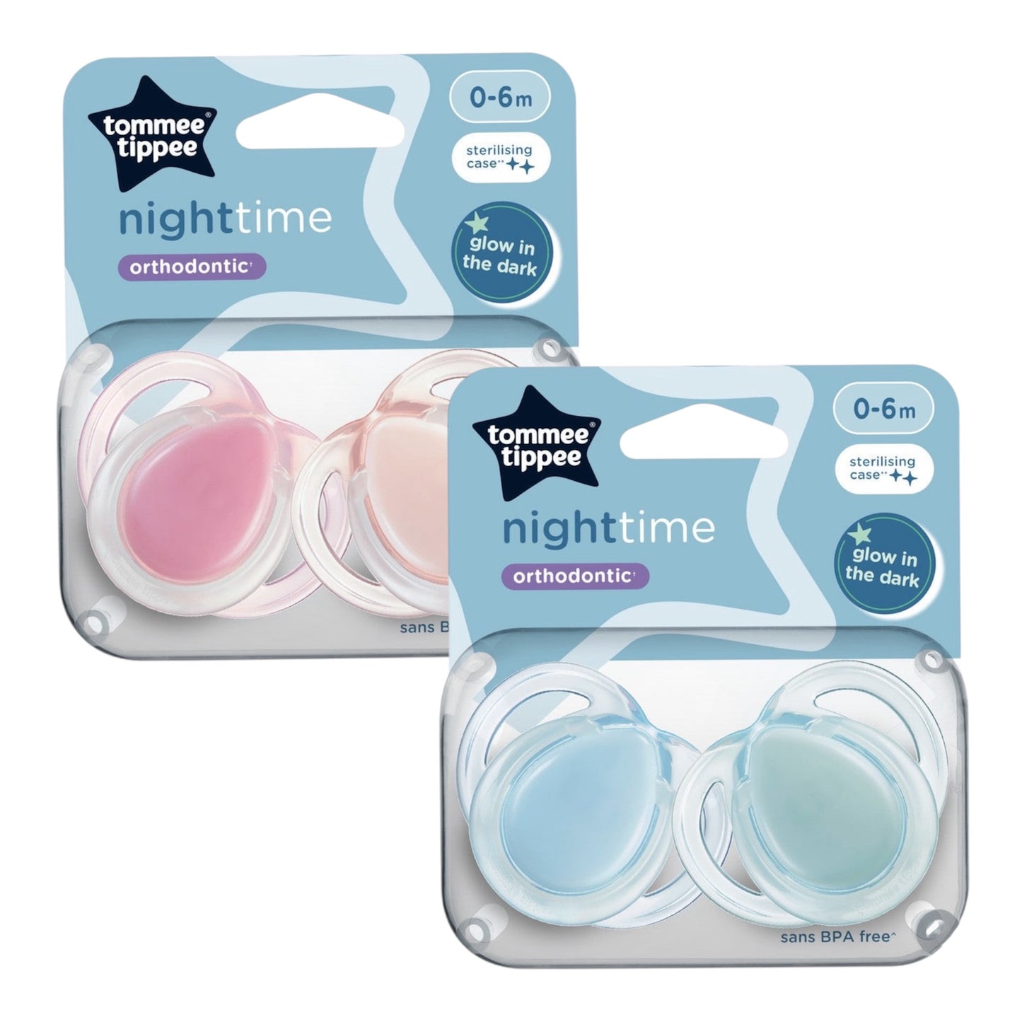 Tommee Tippee Night Time Soothers 0-6m 2 Pack Dummies - Assorted*