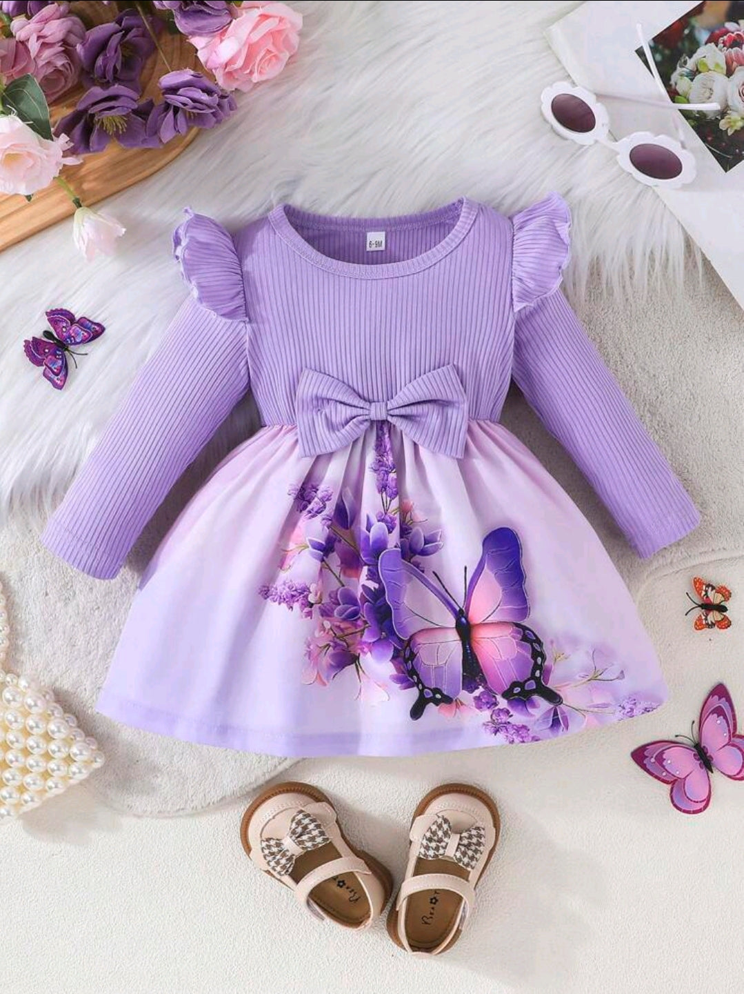 Toddler Girls Autumn Ruffle Collar Long Sleeve Round Neck Bow Tie Cute Butterfly Floral Print Casual Dress