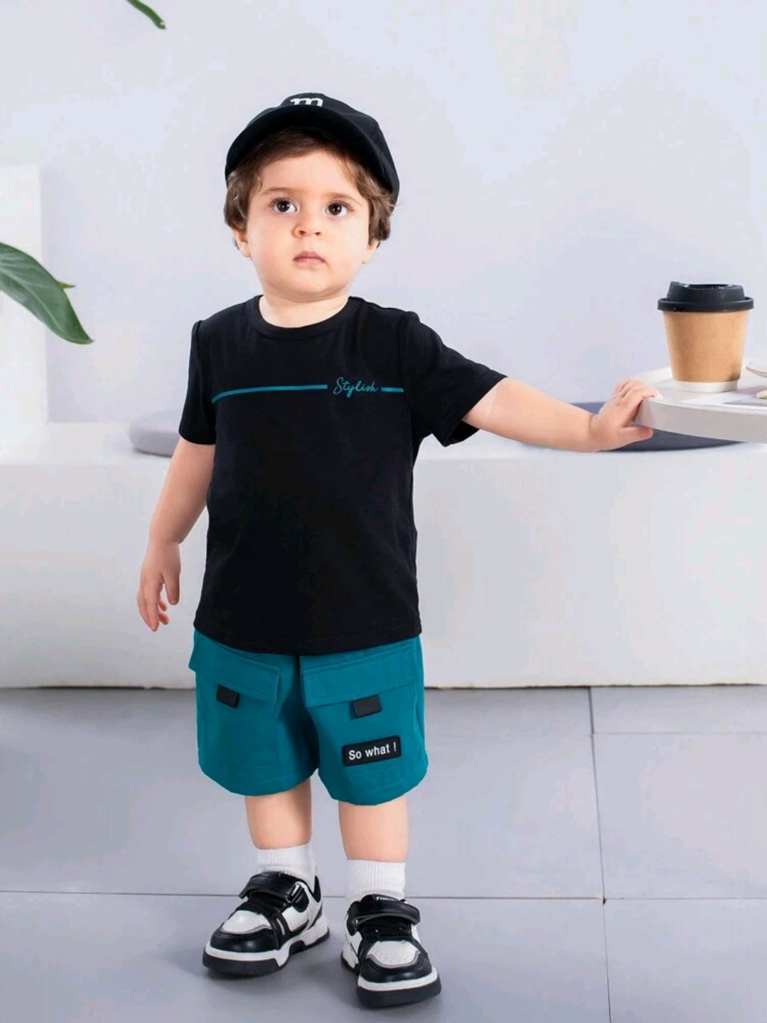 SHEIN Baby Boy Cute Casual Loose Short Sleeve T-Shirt With Letter Print And Cargo Shorts With Large Pockets Summer Outfits