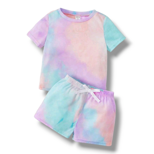 SHEIN Baby Girl 2pcs/Set Tie-Dye Round Neck Short-Sleeved T-Shirt Elastic Waist Butterfly-Knotted Shorts Casual Summer Outfit