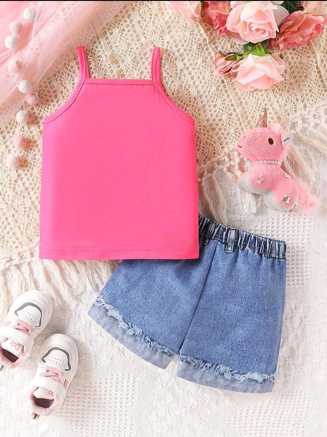 2pcs Baby Girls Knitted Camisole Top And Woven Shorts Set