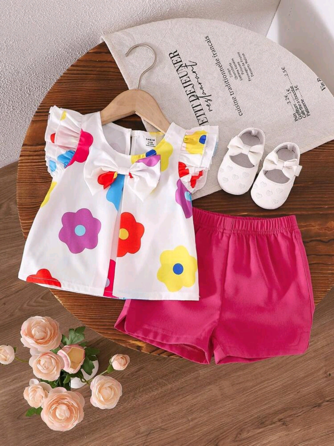 Baby Girls Casual Floral Print Bowknot Decor Top And Shorts Set, Summer