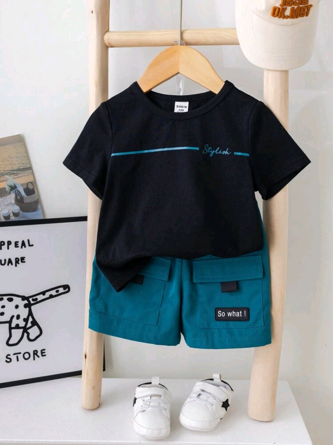 SHEIN Baby Boy Cute Casual Loose Short Sleeve T-Shirt With Letter Print And Cargo Shorts With Large Pockets Summer Outfits