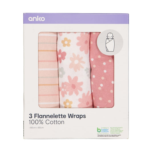 3 Pack Flannelette Wraps - Floral