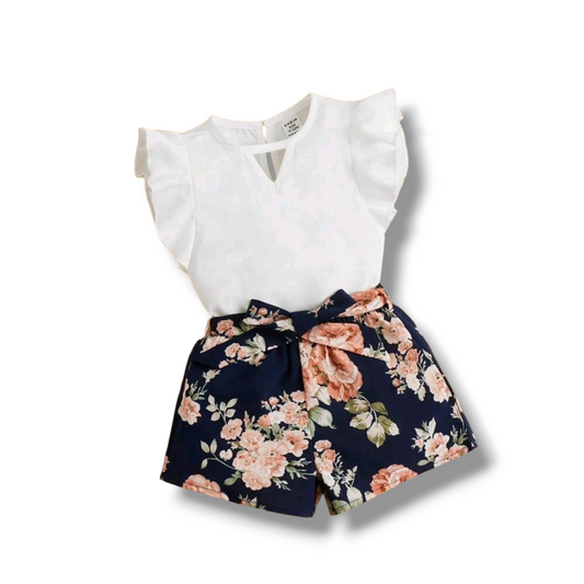 SHEIN Baby Girl Ruffle Trim Keyhole Neckline Top & Floral Print Belted Shorts