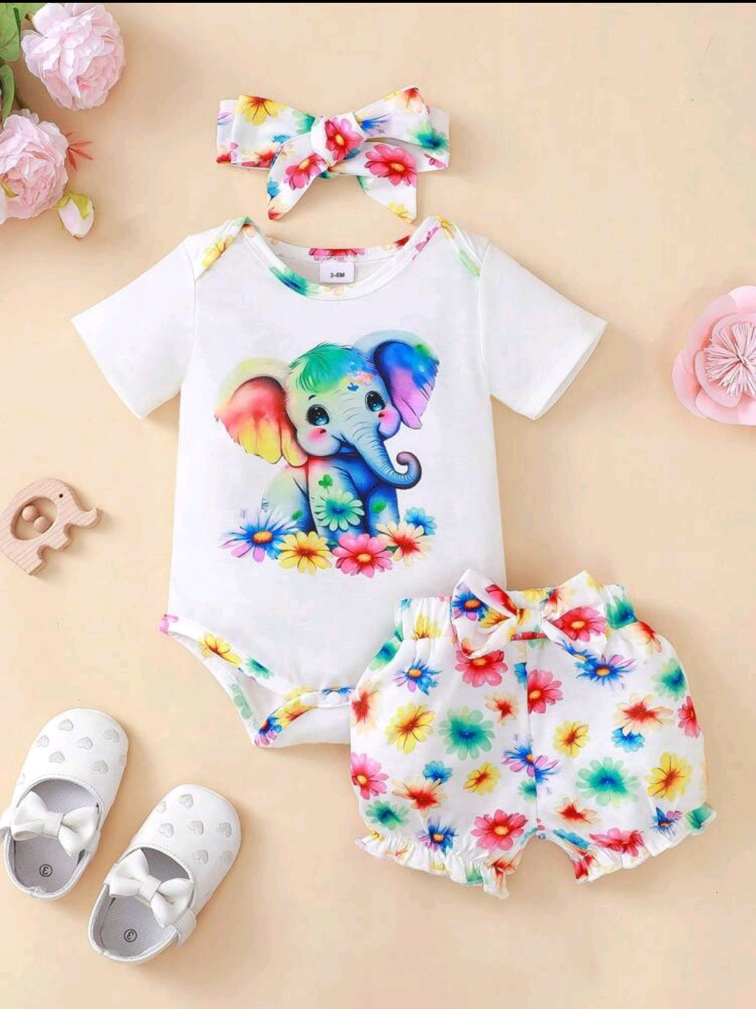 Baby Girl Cartoon Elephant Floral Print Short Sleeve Bodysuit And Shorts Casual Set