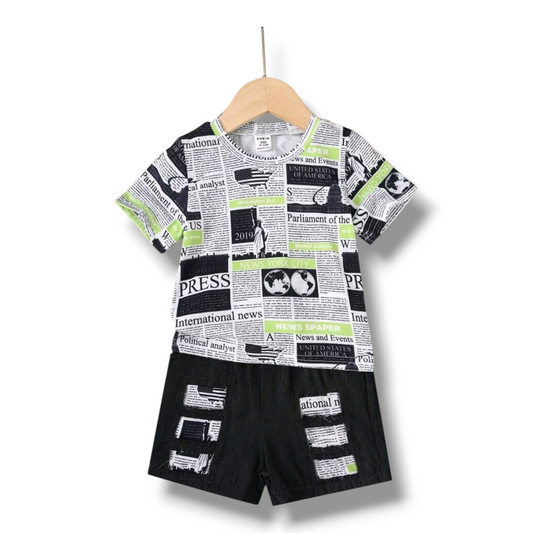 Newspaper Print Round Neck Short Sleeve T-Shirt And Shorts Casual Set For Baby Boys, Summer