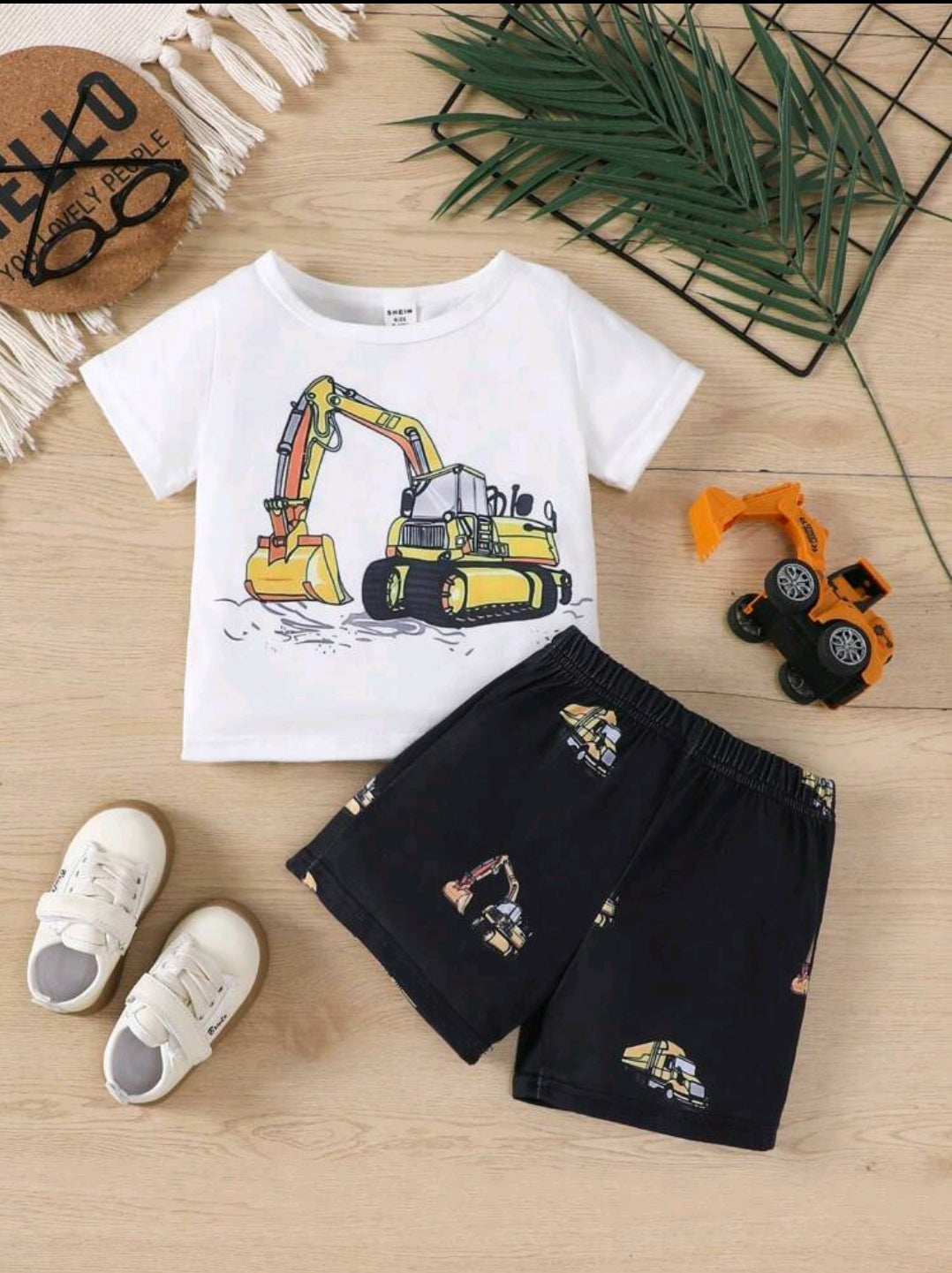 SHEIN 2pcs Baby Boy Casual Basic Cute Excavator Pattern Printed Short Sleeve T-Shirt And Shorts Set For Spring-Summer Outfits