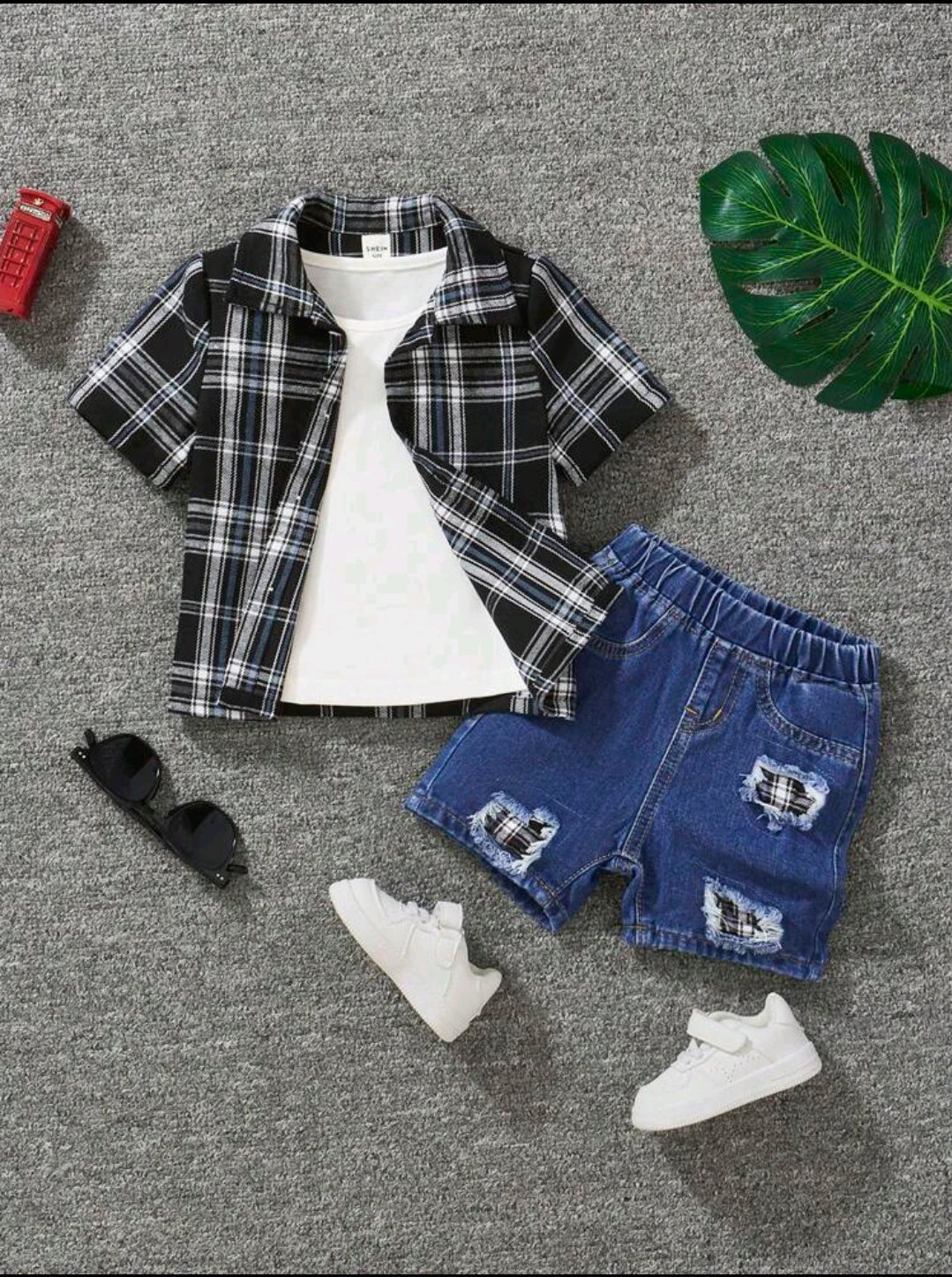 SHEIN Baby Boys Plaid Shirt White T-Shirt &  Plaid Print Flap Detail Coat Shirt & Denim Ripped Jeans Shorts Blue Torn Patchwork 3 Piece Set,Kids Back To School Clothes Outfits