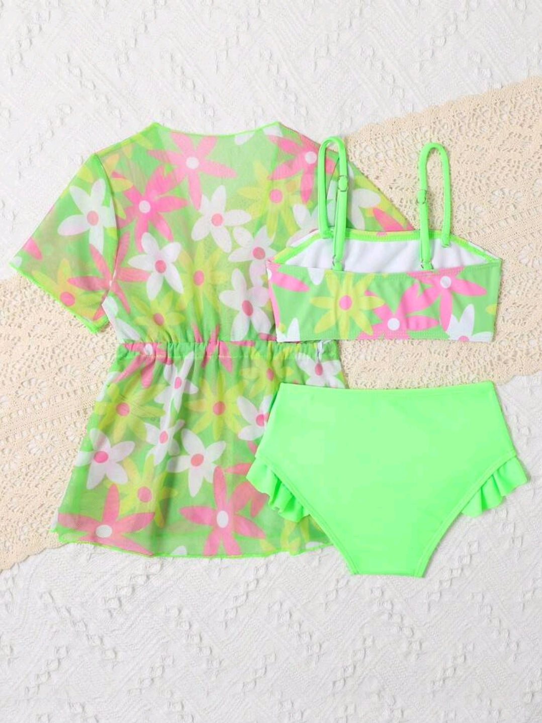 SHEIN Baby Girl Floral Print Ruffle Trim Beachwear With Kimono Summer Beach